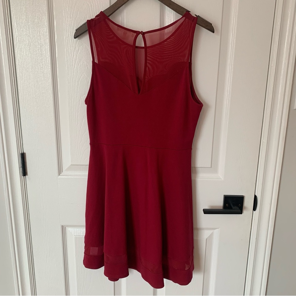 Monteau Red Dress Scalloped Neckline, Mesh Details - Medium